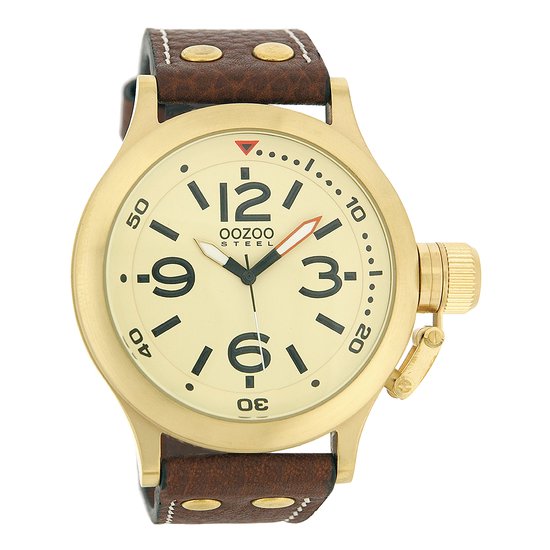OOZOO Timepieces - Goudkleurige horloge met bruine leren band - OS040