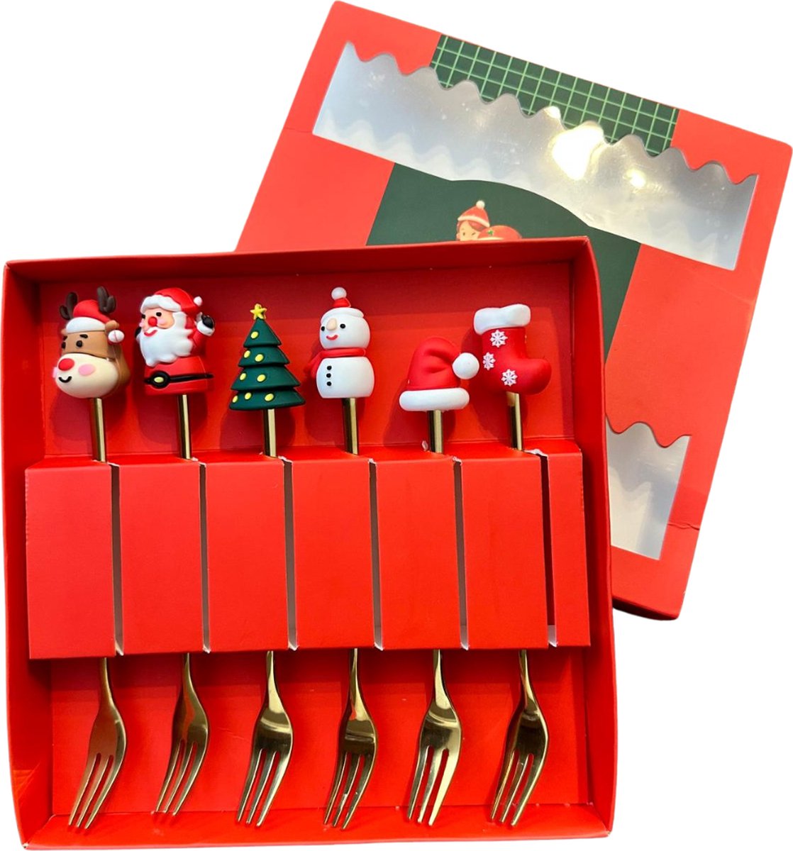 Kerstbestek Set - 6 Vorkjes met Kerstdecoratie - Gouden dessertvorkjes met Kerstman, Sneeuwpop, Kerstboom etc. Kerstdiner bestek