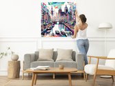 Modern amsterdam schilderij | Hedendaags stadsgezicht: een eigentijdse interpretatie van de Amsterdamse kunstscene | Kunst - 60x60 centimeter op Canvas | Foto op Canvas
