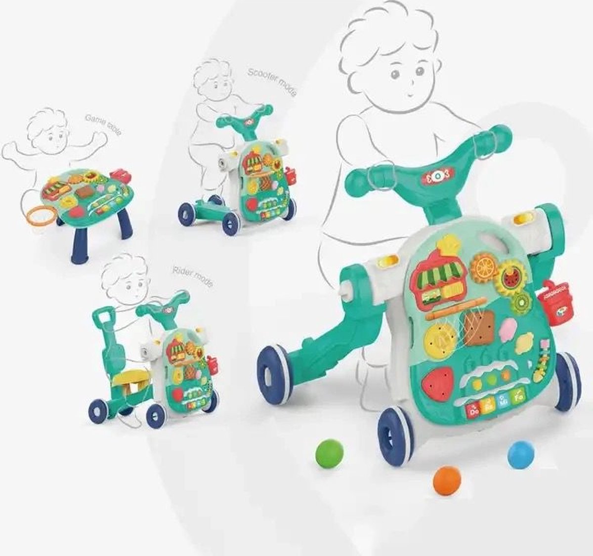 Playos® - Looptrainer en Tafel - 5 in 1 - Mintgroen - met Licht en Geluid - Educatief Babyspeelgoed - Loopwagen - Leren Lopen - Baby Walker - Looptrainer - Step - Duwfiets – foto 7
