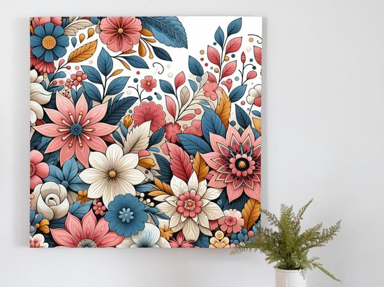 Acryl bloemen schilderij | Expressieve bloemenpracht: een levendig spel van kleur en vorm | Kunst - 20x20 centimeter op Canvas | Foto op Canvas