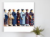 Pixel art dikke dames schilderij | Volumineuze Vrolijkheid: Een Kunstwerk van Dikke Dames in Pixels | Kunst - 80x80 centimeter op Forex | Foto op Forex