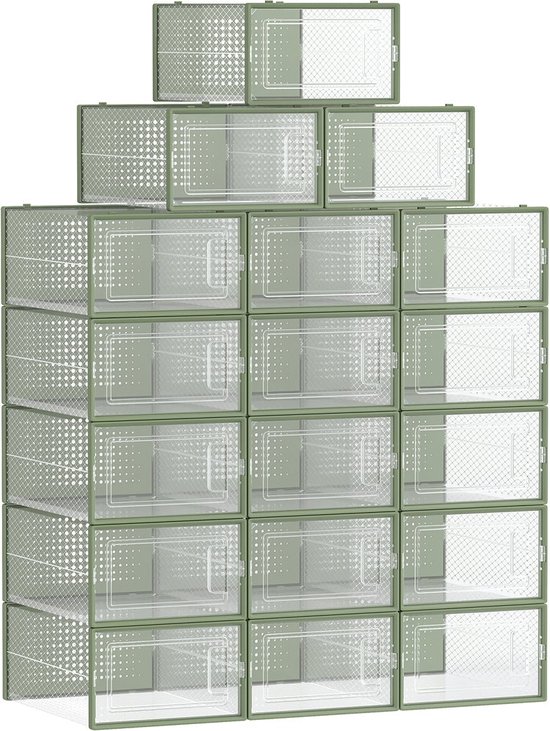 Rootz 18 Pack Shoe Box Organizer - Storage Container - Clear Plastic Bins - Stackable - Durable Material - 33.5cm x 23.2cm x 14.3cm