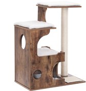 Rootz Cat Scratching Post - Cat Tower - Kitty Condo - Cozy Cave - Stepped Platforms - Sisal Wrapped Trunk - Scratching Mat - White Imitation Fur Cushions - Vintage Brown-White - MDF - 66cm x 42cm x 88cm