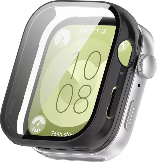 Zwart hoesje met screenprotector om een smartwatch met een groen display.