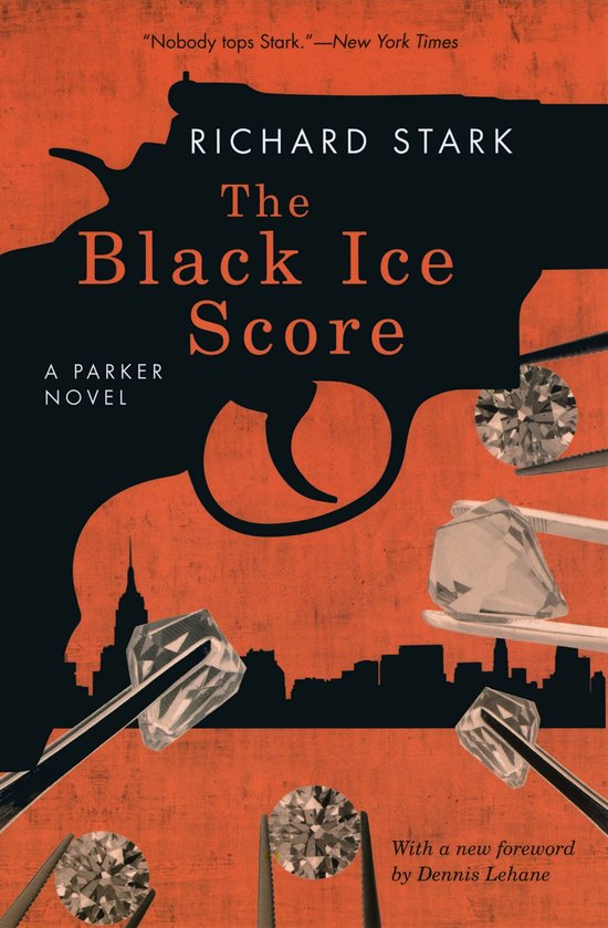 Boekomslag met pistoolsilhouet, juwelen, en tekst 'The Black Ice Score'.