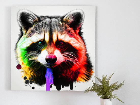 Rainbow tinted raccoon | Rainbow-Tinted Raccoon | Kunst - 20x20 centimeter op Dibond | Foto op Dibond