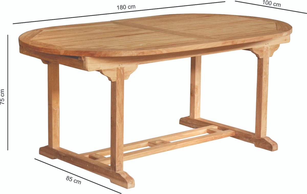 Teakea - Uitschuifbare Tuintafel Teakhout Ovaal 180–240x100x75 cm - Massief Teak - Met Parasolgat