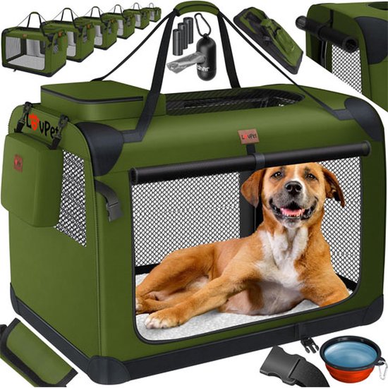 TRESKO® Opvouwbare hondenbox inclusief likmat en spatel, XL, 83 x 58 x 58 cm, transportbox voor honden en katten, hondentransportbox voor kleine en grote honden, hondentas, robuust, zwart