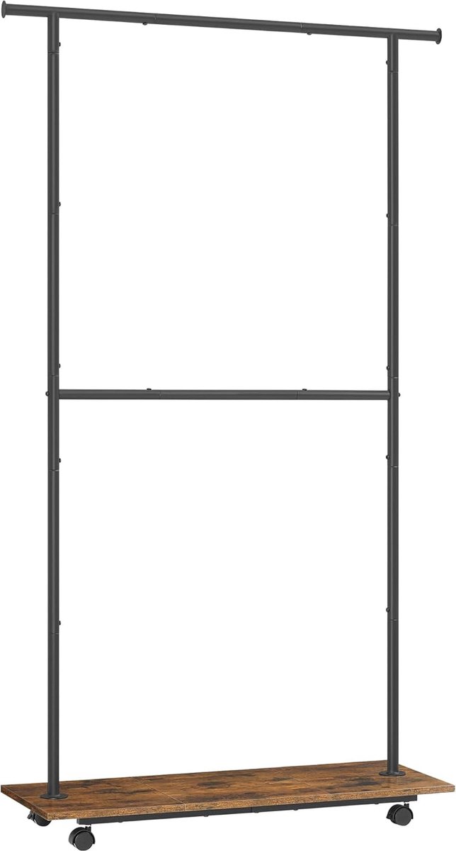 FurnStar - Kledingrek -Kledinghangers - Dubbele Kapstok Met Zwenkwielen En Plank - 35 x 98.5 x 18.3 cm - Rustiek Bruin En Inktzwart