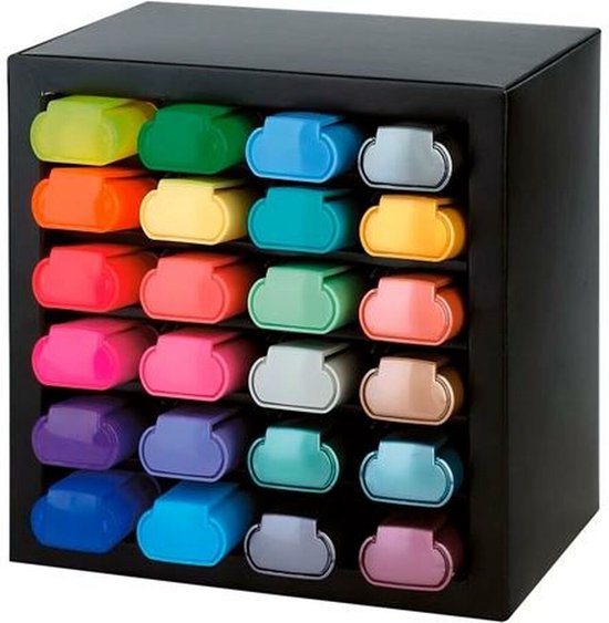 Zwart bureau-organizer met 24 Faber-Castell Textliners in neon-, pastel- en metallic kleuren.