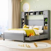 Houten tweepersoonsbed met boekenplankhoofdeinde - Houten lattenbodem met 4 laden en grote opbergkast - Grijs140x200 CM