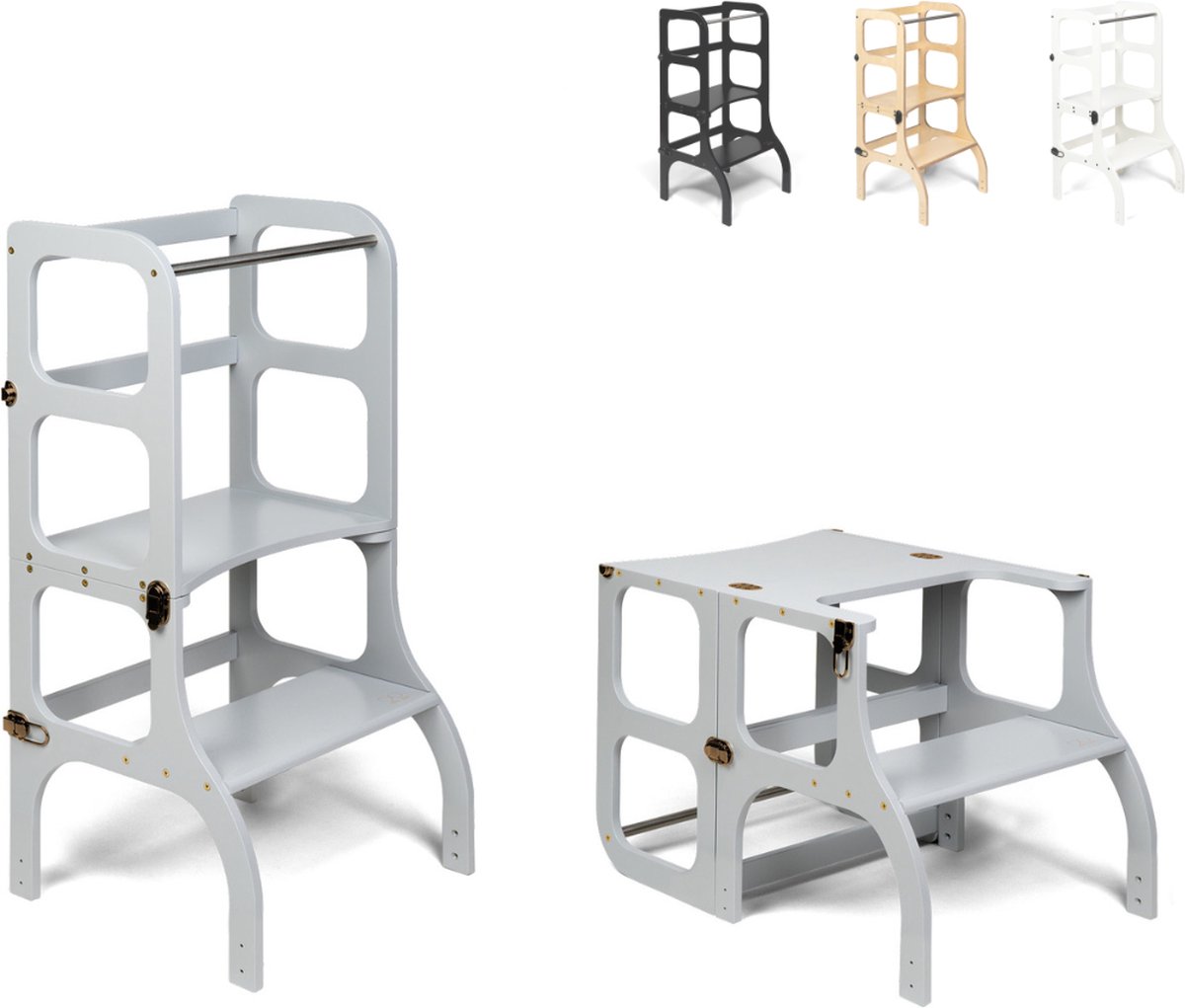 Ette Tete Step 'n Sit - Leertoren - Grijs met messing clips - Inklapbaar tot tafel en stoel - Learning Tower - Montessori inspired - Keukentrap - Keukenhulp - Leerstoel - Veilig -Duurzaam