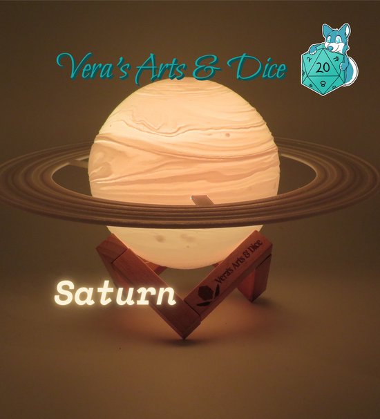 Saturnus met Ringen Lamp - Vera's Arts & Dice - 16 Verschillende Kleuren - Planeet Lampen - LED Lamp - Oplaadbaar Dimbaar Stroboscoop Effect Aanraak Gevoelig Afstandsbediening - 3D Print Handmade - Lampen Sfeerverlichting - Slaapkamer Woonkamer van Vera's Arts & Dice — afbeelding 2