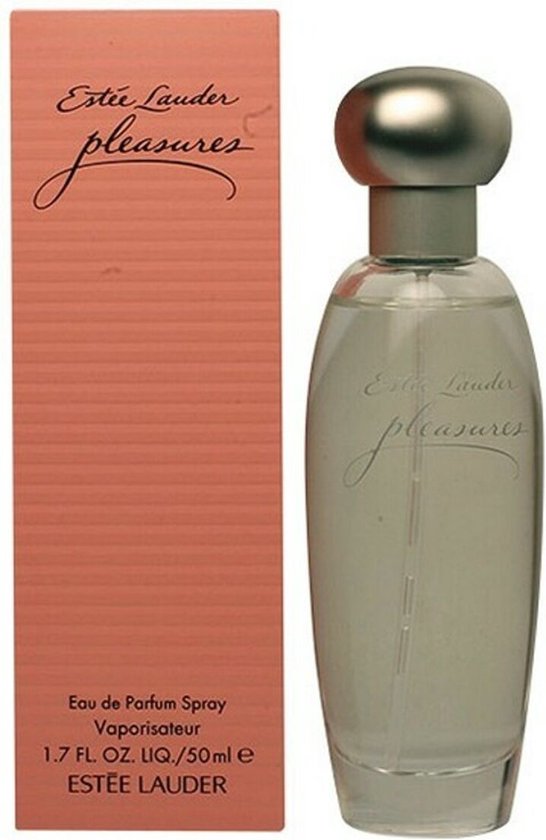 Estée Lauder Pleasures Eau de Parfum spray 50 ml, in een perzikkleurige doos met horizontale strepen.