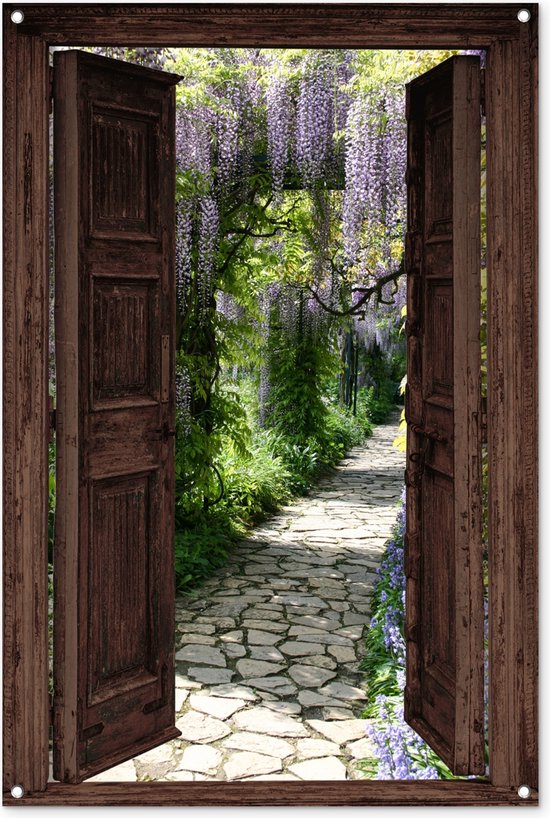 Tuinposter 80x120 cm - Tuindecoratie Bloemen - Doorkijk - Blauwe regen - Natuur - Poster voor in de tuin - Buiten decoratie - Schutting tuinschilderij - Tuindoek muurdecoratie - Wanddecoratie balkondoek