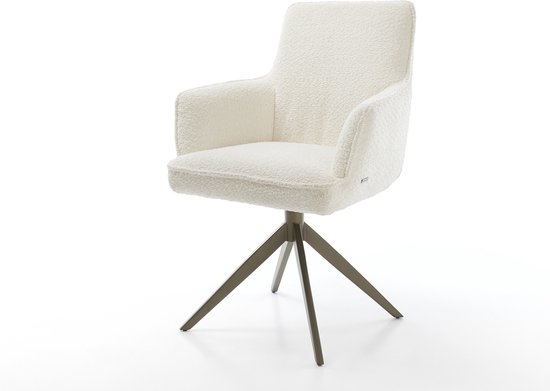 Chaise de salle à manger Heira- Flex avec accoudoirs, structure transversale, finition large avec noyau à ressorts ensachés blanc bouclé titane, pivotant à 360°