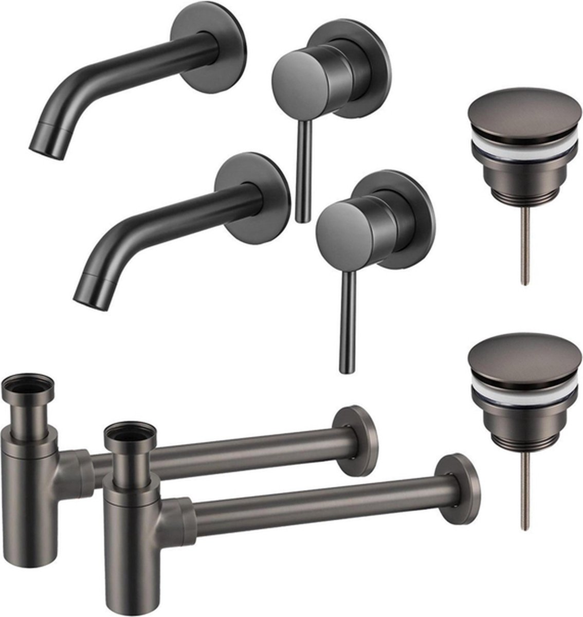 FortiFura Calvi Wastafelkraanset voor dubbele wastafel inbouw wastafelkraan klikwaste plug design sifon PVD Gepolijst Gunmetal