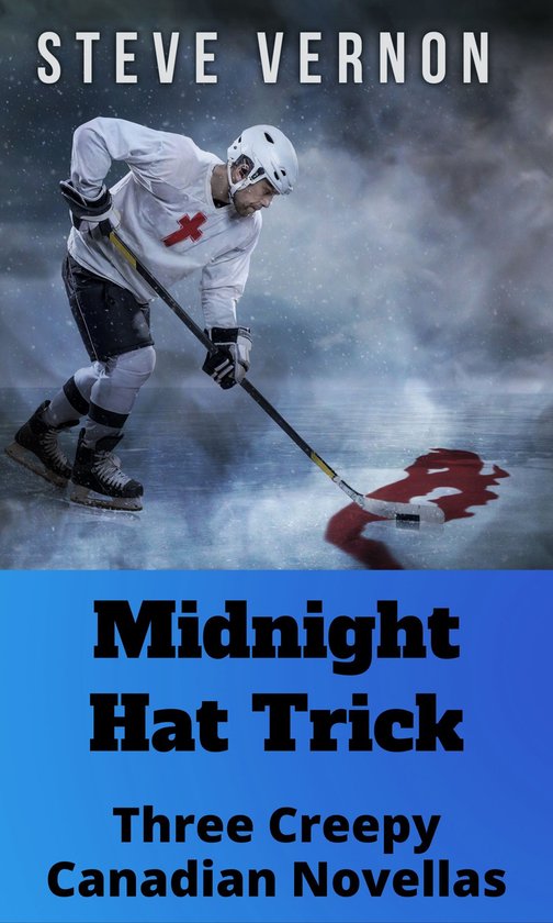 Schaatser in wit tenue met rode kruis, hockeyend op een bevroren meer, titel 'Midnight Hat Trick'