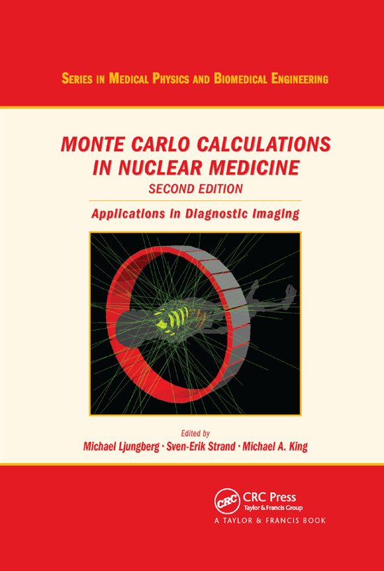Boekomslag: Monte Carlo Calculations in Nuclear Medicine met grafische weergave van straling in een ring.