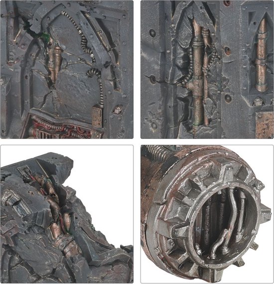 Gedetailleerde close-ups van Necromunda Ruined Zone Mortalis onderdelen, met roestige, metalen en grijze texturen.