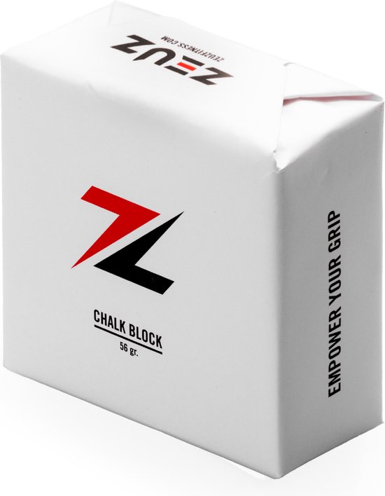 Verpakt magnesium blokje met ZEUZ logo, 'Chalk Block 56 gr' en 'Empower your grip'.