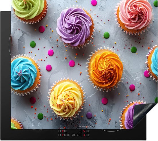 KitchenYeah® Inductie beschermer 60x52 cm - Cupcakes - Kleurrijk - Cupcake - Afdekplaat voor kookplaat - Bescherming inductieplaat mat - Beschermplaat - Beschermmat inductiekookplaat - Keuken accessoires