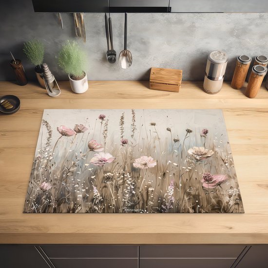 KitchenYeah® Protection plaque induction 77x51 cm - Fleurs - Beige - Fleurs sèches - Protege plaque de cuisson - Couvre plaque induction - Protecteur d'induction - Cuisine