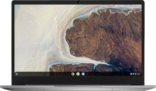 Gesloten zilverkleurige Lenovo Chromebook laptop, met het scherm naar voren gericht.