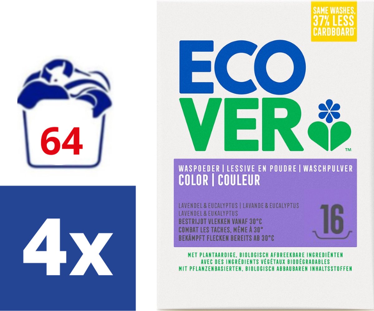 Goedkoopste Ecover Waspoeder Color Lavendel & Eucalyptus - 4 x 1.2 kg (64 wasbeurten