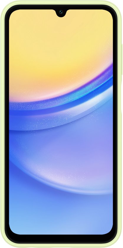 Lichtgroen Samsung telefoonhoesje met een telefoon met een gele en blauwe wallpaper.