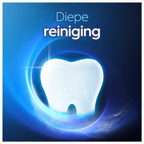 Witte tand omringd door blauwe cirkels en tekst 'Diepe reiniging'.