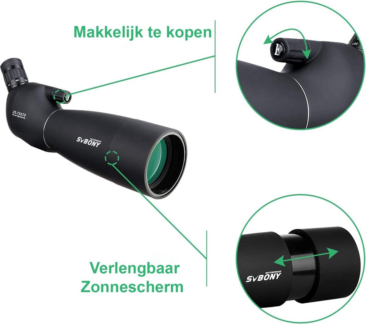 SVBONY SV28 spotting scopes met statief en telefoon adapter, schuine 25-75x70mm Spotter scope, waterdichte mistvrije spotting scope met desktop statief voor vogels kijken, doelschieten, dieren in het