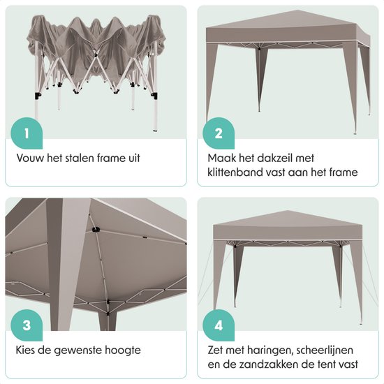 Stappenplan voor het opzetten van de partytent: vouw het frame uit, bevestig het dakzeil, kies de hoogte, zet vast.