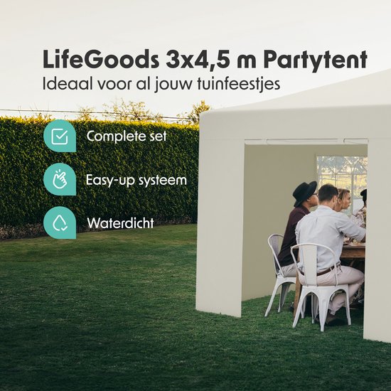 LifeGoods Partytent - Paviljoen - 3x4.5 m - Zijwanden - Easy Up - Opvouwbaar - Waterdicht - Draagtas met Wieltjes - Beige