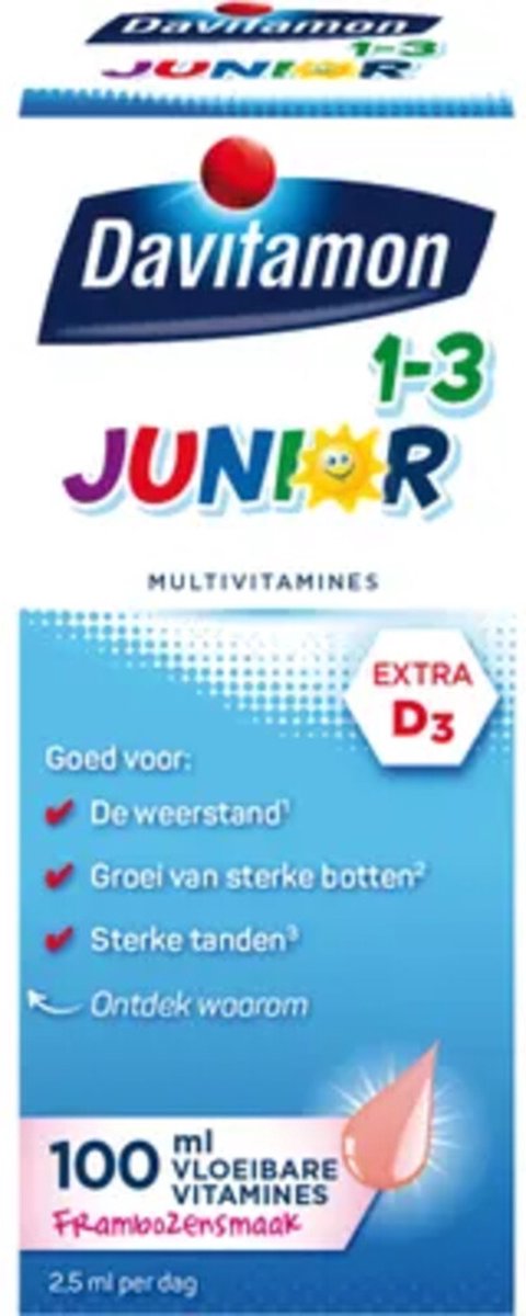 Bol.com Davitamon Junior 1+ vloeibare vitamines - multivitamine kinderen - framboos - 100 ml aanbieding