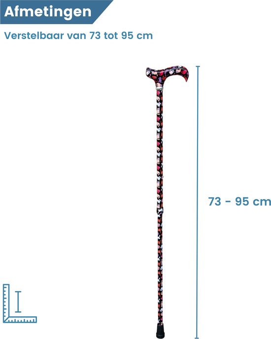 Afmetingen wandelstok van 73 tot 95 cm, met veelkleurige kattenprint.