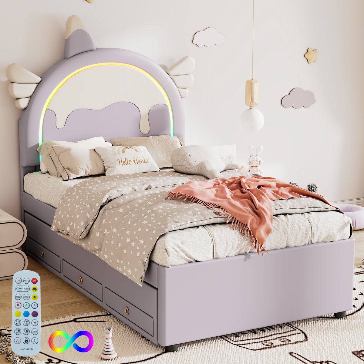 Sweiko Cartoon Kinderbed 90*200cm, Eenhoorn vorm, met LED verlichting, Uitgerust met Uitschuifbaar roll-out bed, PU materiaal, Violet — cadeau in Cadeau-ideeën - foto 6