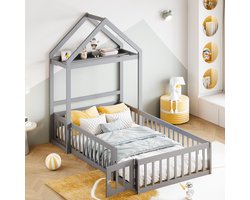Sweiko Kinderbed, Huisstijl, 90 x 200cm bed, Massief Houten Wieg, Opbergruimte met kledingrek,Volledig beschermende grille en deur, Vlak noedelsframe, Grijs(Geen matras)