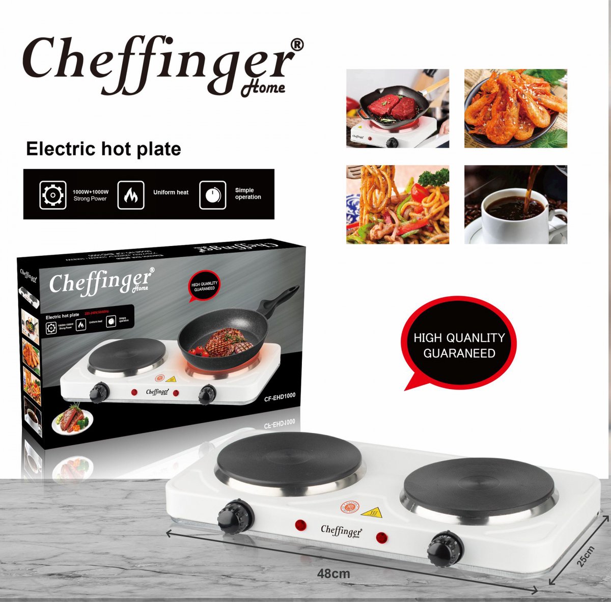 Cheffinger CF-EHD1000: Elektrische kookplaat van 1000 W - Dubbel