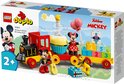 LEGO DUPLO Mickey & Minnie verjaardagstrein doos met figuren, genummerde stenen, cupcake en ballonnen.