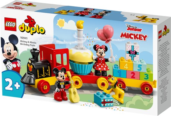 LEGO DUPLO Mickey & Minnie verjaardagstrein doos met figuren, genummerde stenen, cupcake en ballonnen.