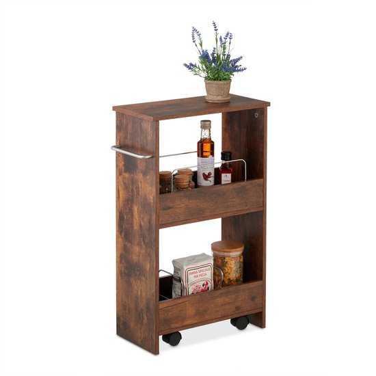 Desserte de cuisine Relaxdays étroite - mdf - 2 compartiments - 66,5x42x20 cm - roulettes - gain de place - B
