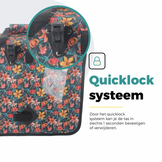 Voltano Enkele Shopper Fietstas - 17 Liter - Floral Fiesta - Zwart Met Kleurrijke Bloemen - Waterdicht - Luxe Universele Bevestiging van Voltano — afbeelding 4
