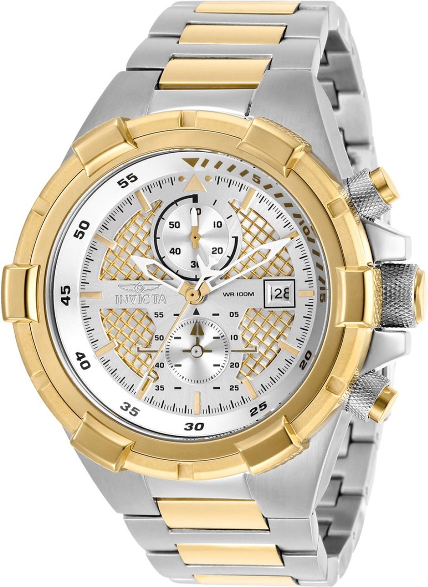 Invicta Aviator 28120 Heren Horloge - Waterdicht - Analoog - Quartz Uurwerk - Roestvrij Staal met gouden Wijzerplaat - 51mm