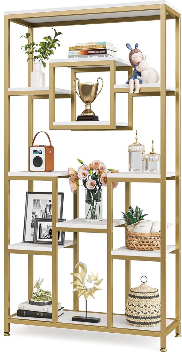 TRIBESIGNS Boekenkast - Boekenrek - Modern - 11 Lagen - Hout/Metaal - 90 x 35 x 180cm - Goud & Wit