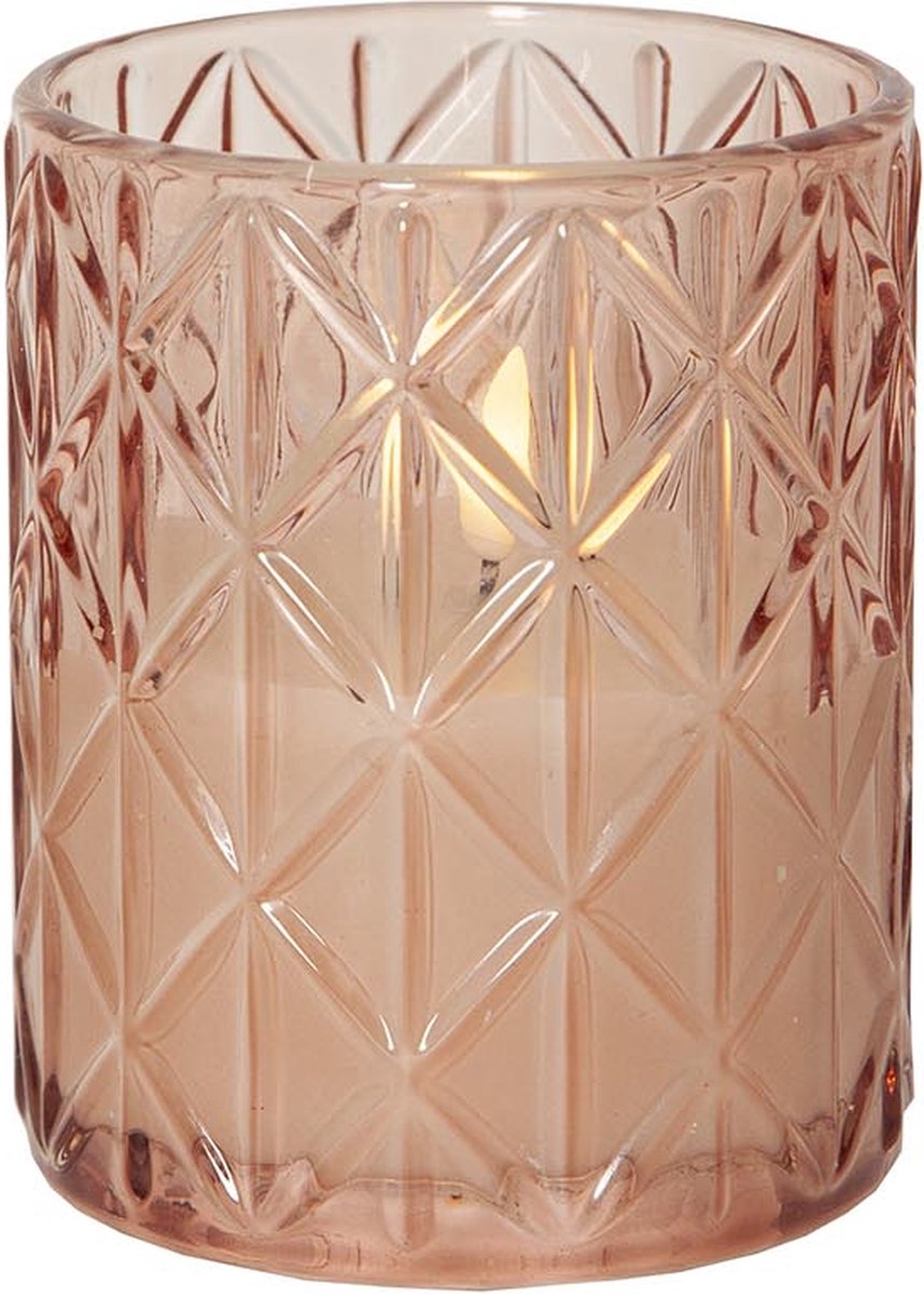 Star Trading kaarsvlam Romb, roze glazen houder, witte was, LED, timer, warm wit, 12,5 cm lichtroze