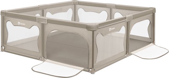 Beige Lionelo babybox met twee ingangen. De box heeft een kattenmotief op de panelen en transparante zijwanden.