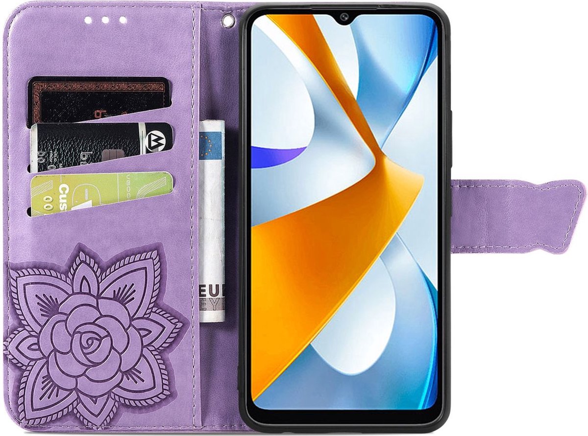 Mobigear Telefoonhoesje geschikt voor POCO C40 Hoesje | Mobigear Butterfly Bookcase Portemonnee | Pasjeshouder voor 3 Pasjes | Telefoonhoesje voor Pinpas / OV Kaart / Rijbewijs - Paars