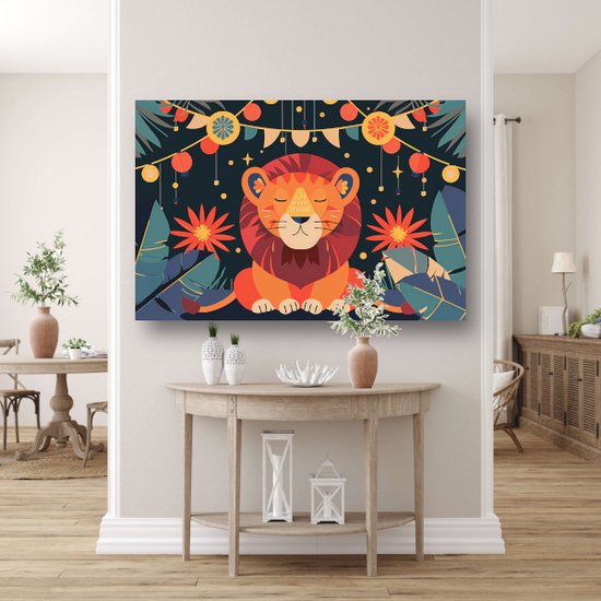 Leeuw schilderij - Dier wanddecoratie - Canvas schilderijen Planten - Woonkamer decoratie industrieel - Canvas met baklijst schilderijen woonkamer - Kunstwerk canvas met baklijst 150x100 cm